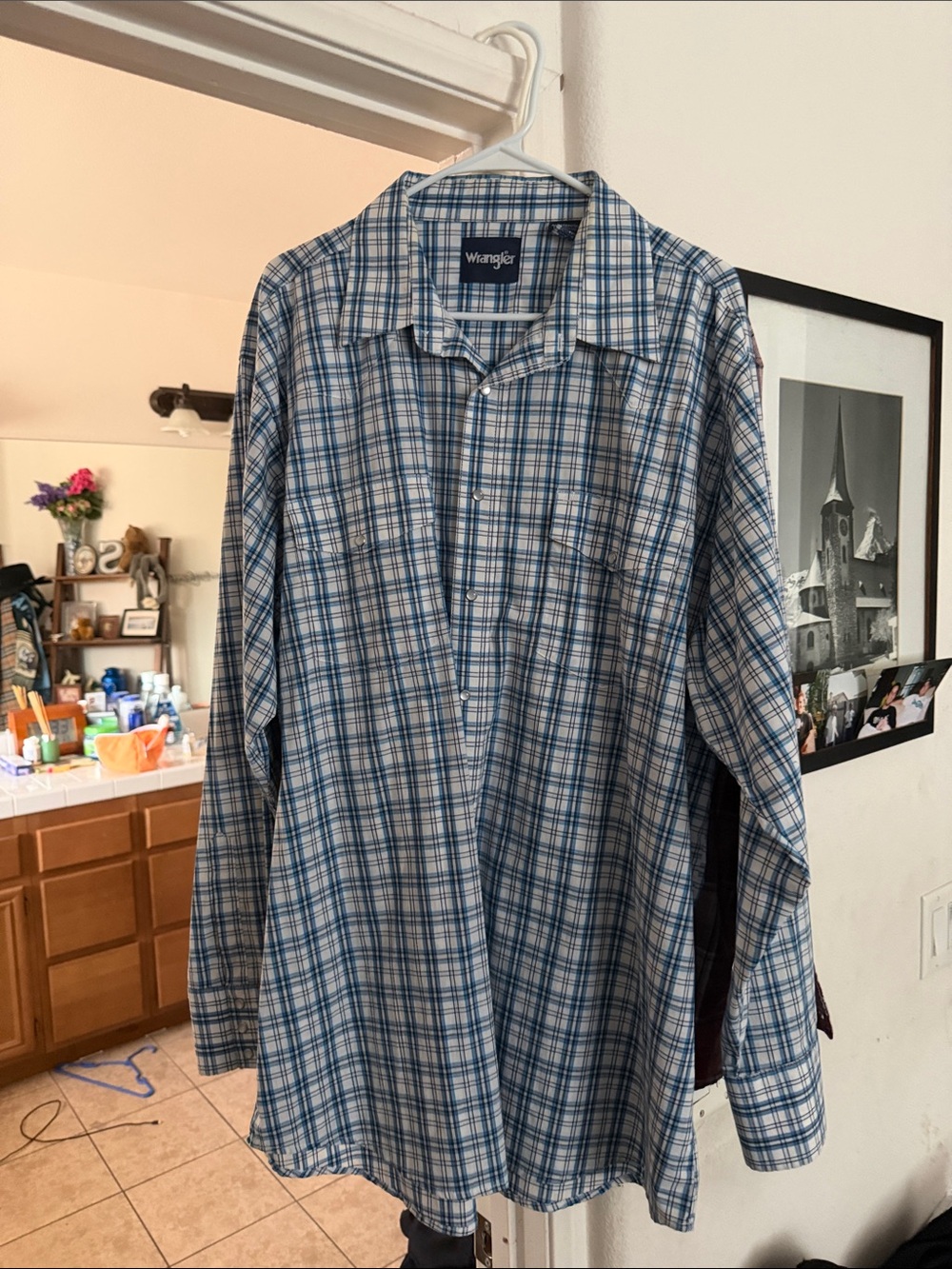 Wrangler Blue and White Plaid Button-Down Shirt